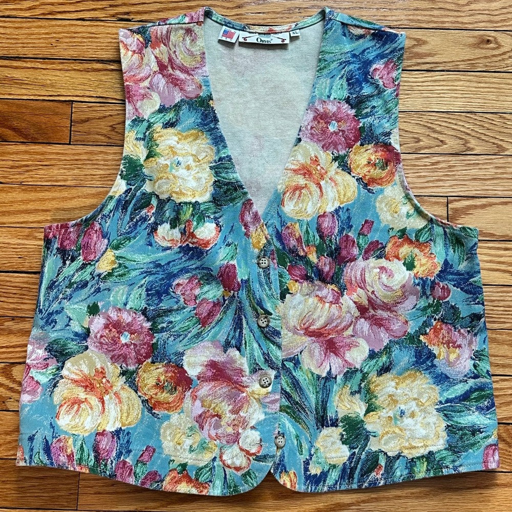 VTS 90s Orvis Floral Cotton Vest Blue Multi XL Made in USA Cottagecore NWOT‎